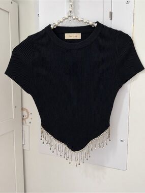 Chelsea Black Ribbed Knit Rhinestone Fringe Crop Top Size S